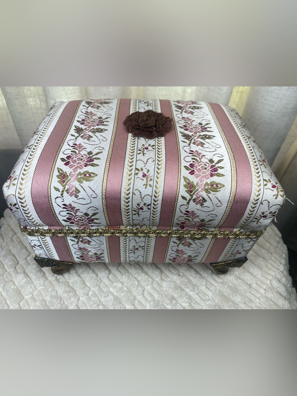 Vintage Ornate Footed Tapestry Jewelry Box with Rose Accent
